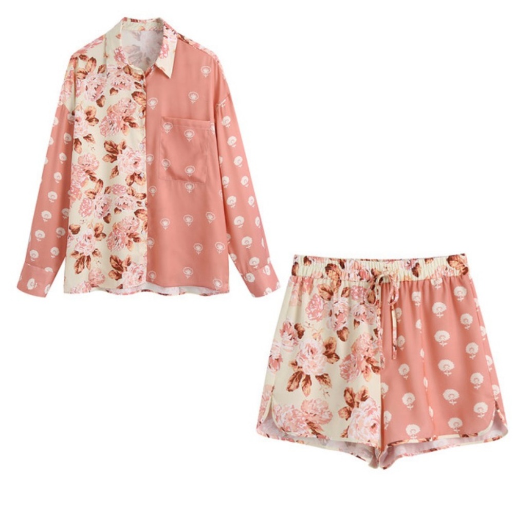 KONDALA Zara Pink Floral Vintage Pink Patchwork Blouse and High Waist Shorts Set
